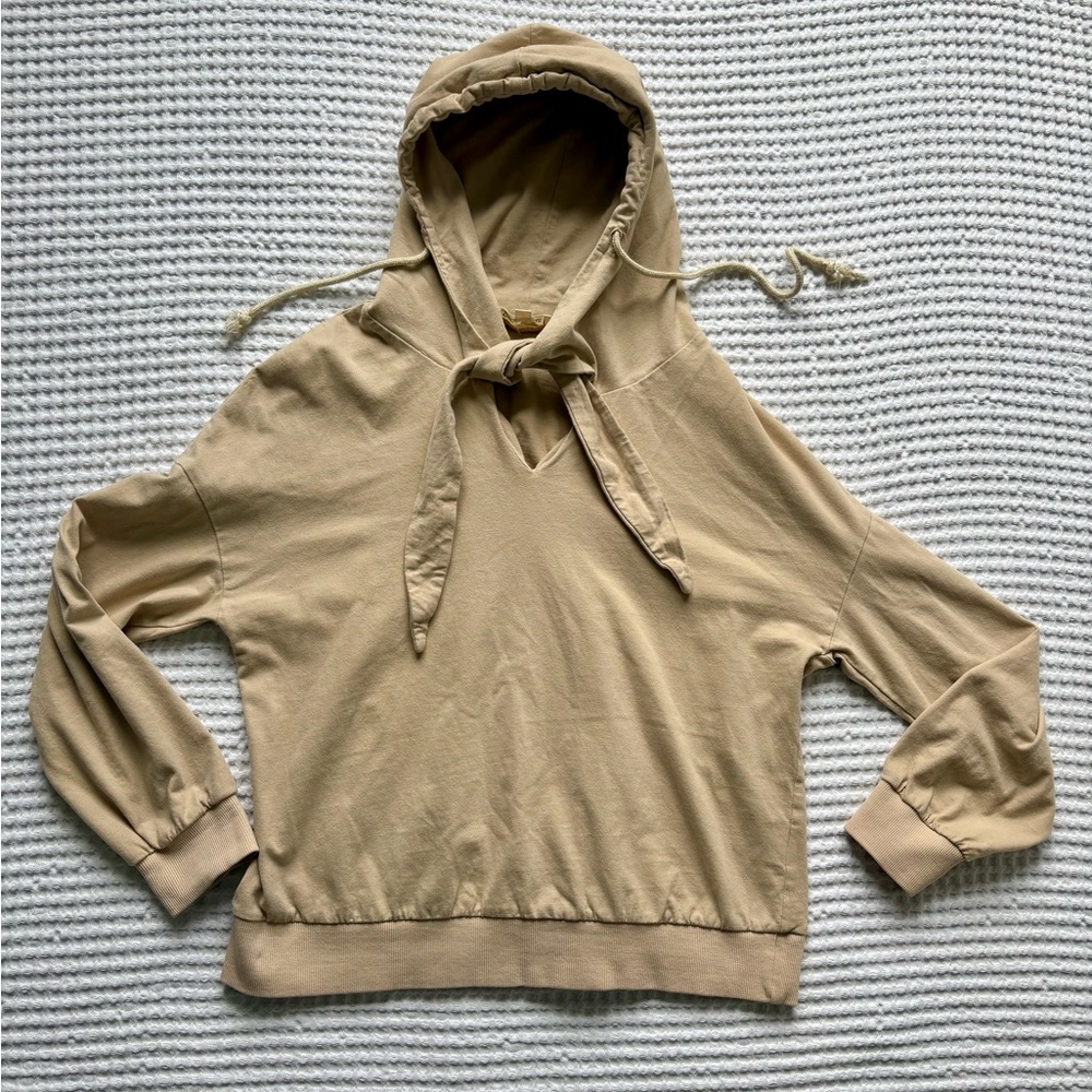Listicle Tie Neck Hoodie Sweatshirt Neutral Beige Casual Lounge Pullover - S